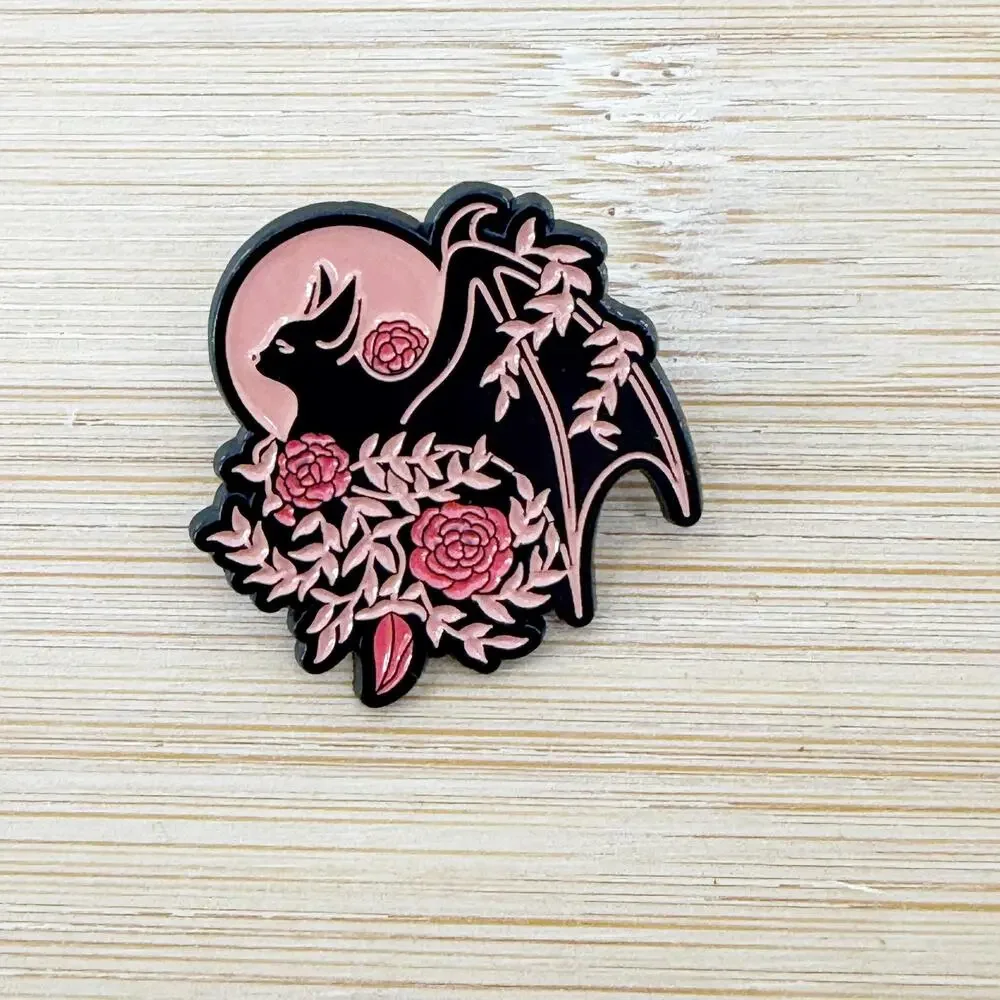 Gothic Bat Enamel Pin Pink Roses Floral Witchy Halloween Soft Enamel